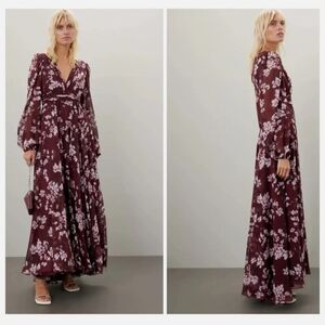 Mac Duggal Long Sleeve Floral Chiffon Burgundy Maxi Dress